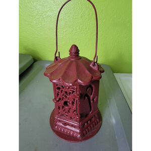 Antique Japanese Ikebana Cast Iron Lantern Red Vintage Outdoor Decor Hang